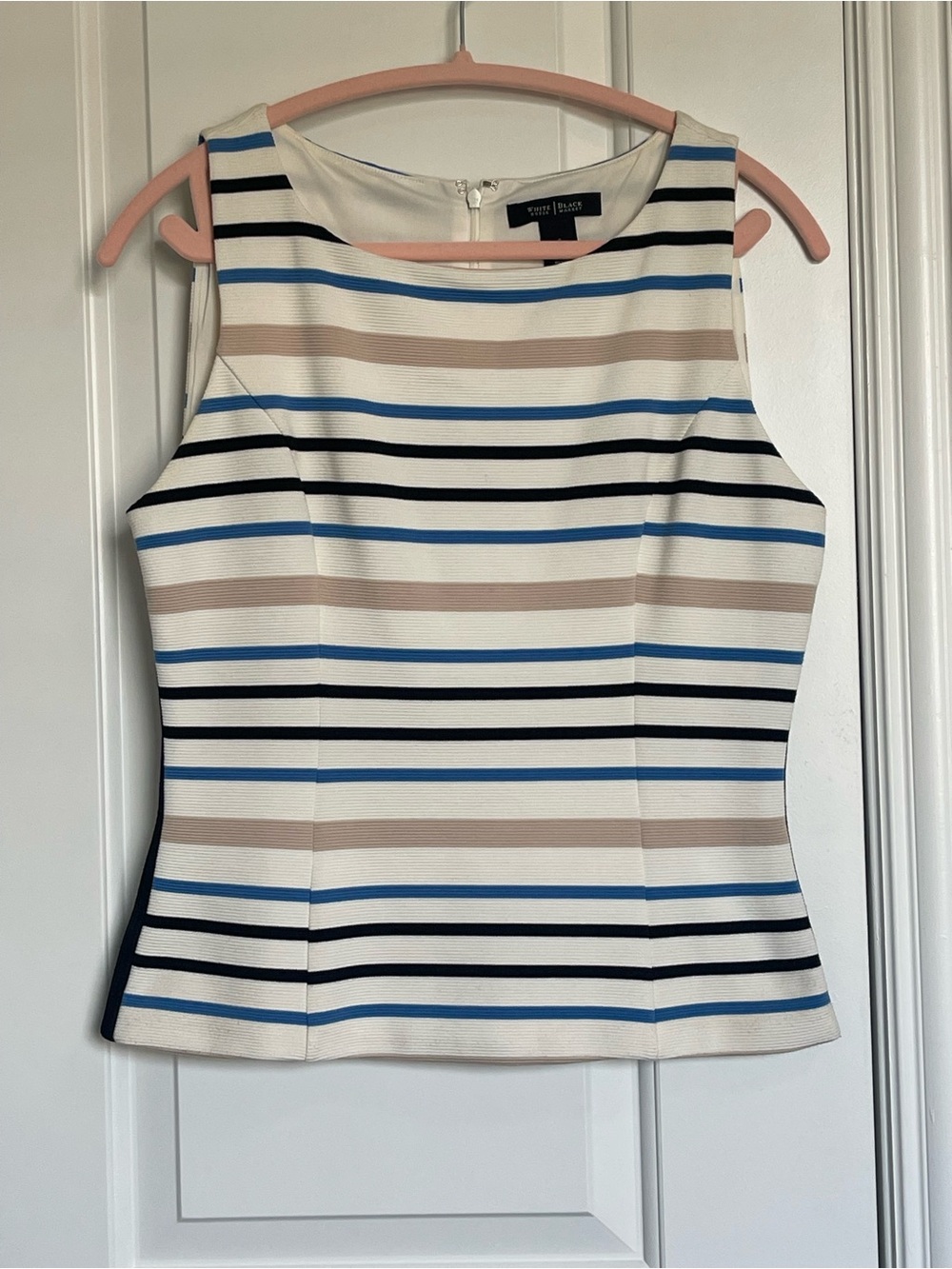White House Black Market Cream, Blue & Black Striped Sleeveless Shell Top